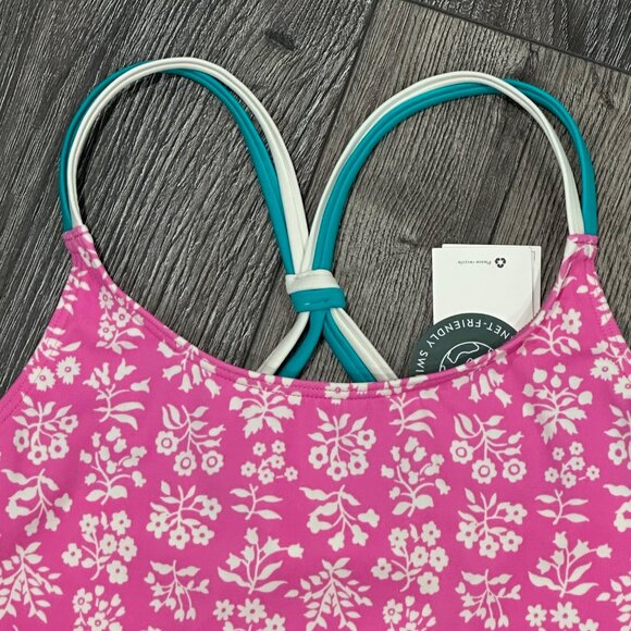 NWT Mini Boden Pink Floral Tankini Swim Top with White & Turquoise Straps - Picture 2 of 7